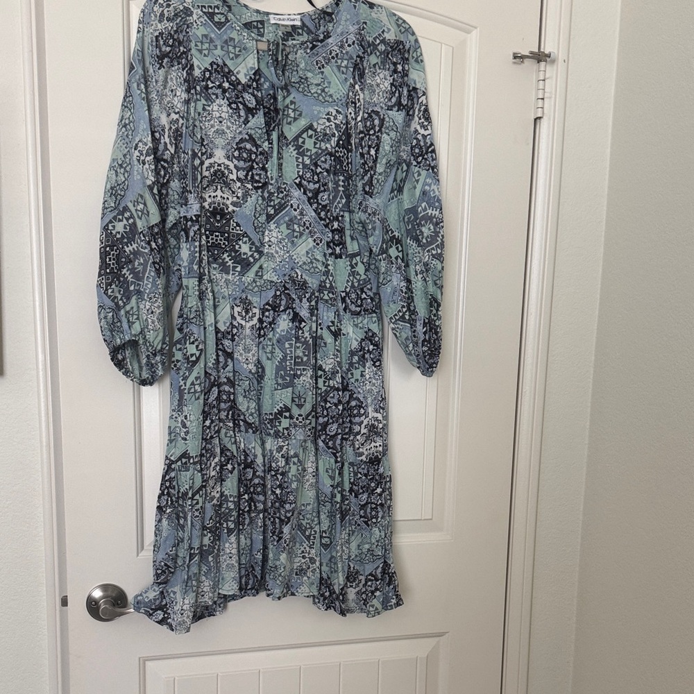 Calvin Klein Mint, Navy & Light Blue Geometric Long Sleeve Tiered Dress